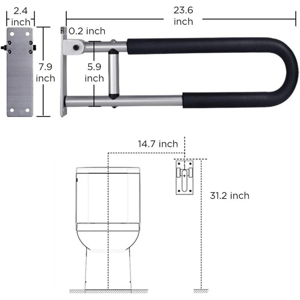 Botabay Handicap Grab Bar 23.6in Toilet Safety Rail‎ Foldable Bathroom Aid